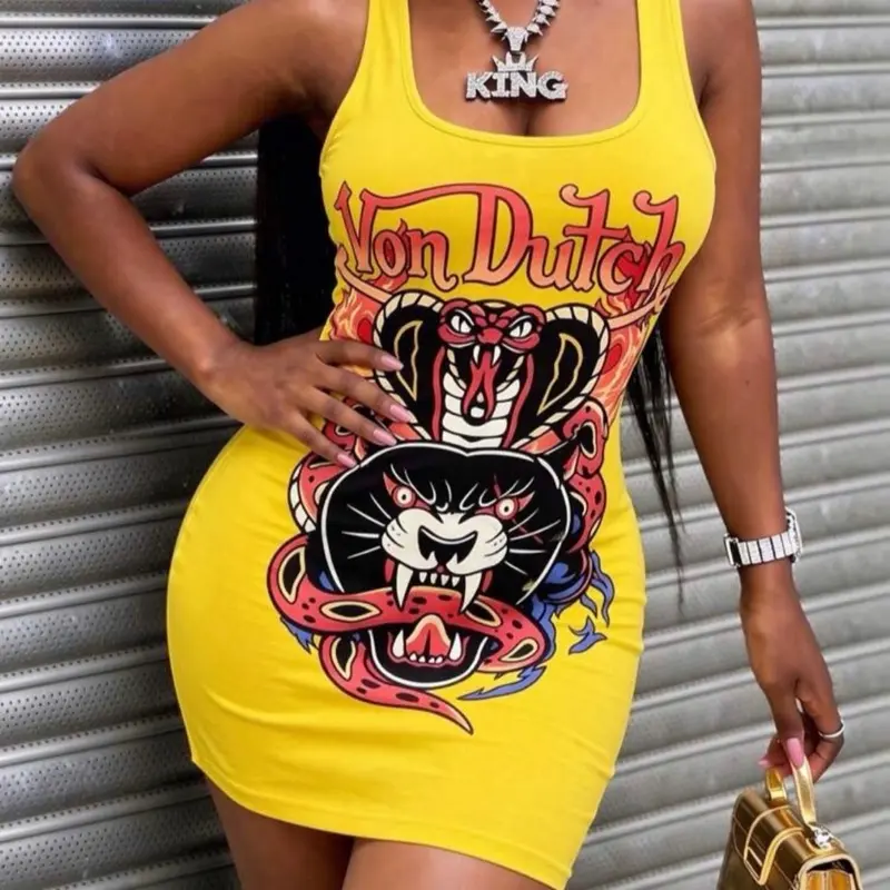 Retro Tattoo Graphic Mini Dress – Y2K Streetwear Edition