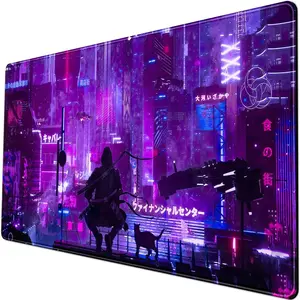 Anime Neon Mouse Pad Purple City Gaming Desk Big Cute Kawaii Pink Extended Mouse Pad Gaming,Office Keyboard Pc Laptop Mousepad Large 24x14 in-with Stitched Eges Non-Slip Base Mouse Pads Mat