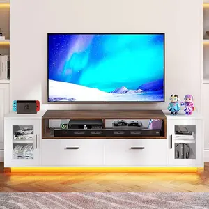 DWVO LED Modern TV Stand for 70+ Inch TV w/Outlets & USB Ports, Entertainment Center w/Doors, 2 Storage Drawers, Wood Media Console Cabinet w/Adjustable Shelf for 300lbs
