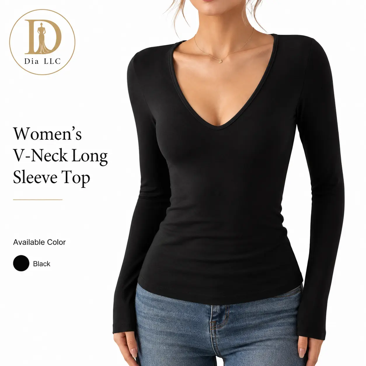 Dia LLC  V Neck Long Sleeve Tops Slim Fit Basic Shirts Casual Everyday Stretchy Tees
