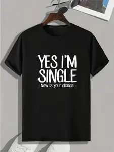 Plus sizeCasual YES I'M SINGLE 1pc Printed T-Shirt - 95% 5% Elastane Crew Neck with Slight Stretch Knit Fabric - Regular Fit for Summer, Plus Size
