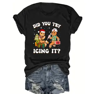 Women's Christmas Slogan Gingerbread Print Round Neck Short Sleeve Casual T-Shirt