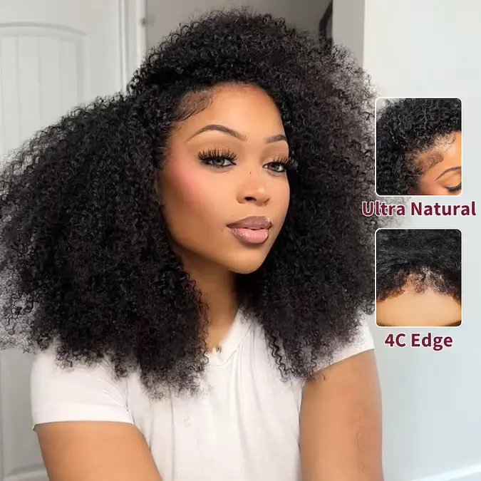 UNICE Kinky Curly Human Hair 3/4 Half Wig for Women, Glueless Flip Over Style with 4C Edges, Adjustable & Beginner Friendly, Half Wigs