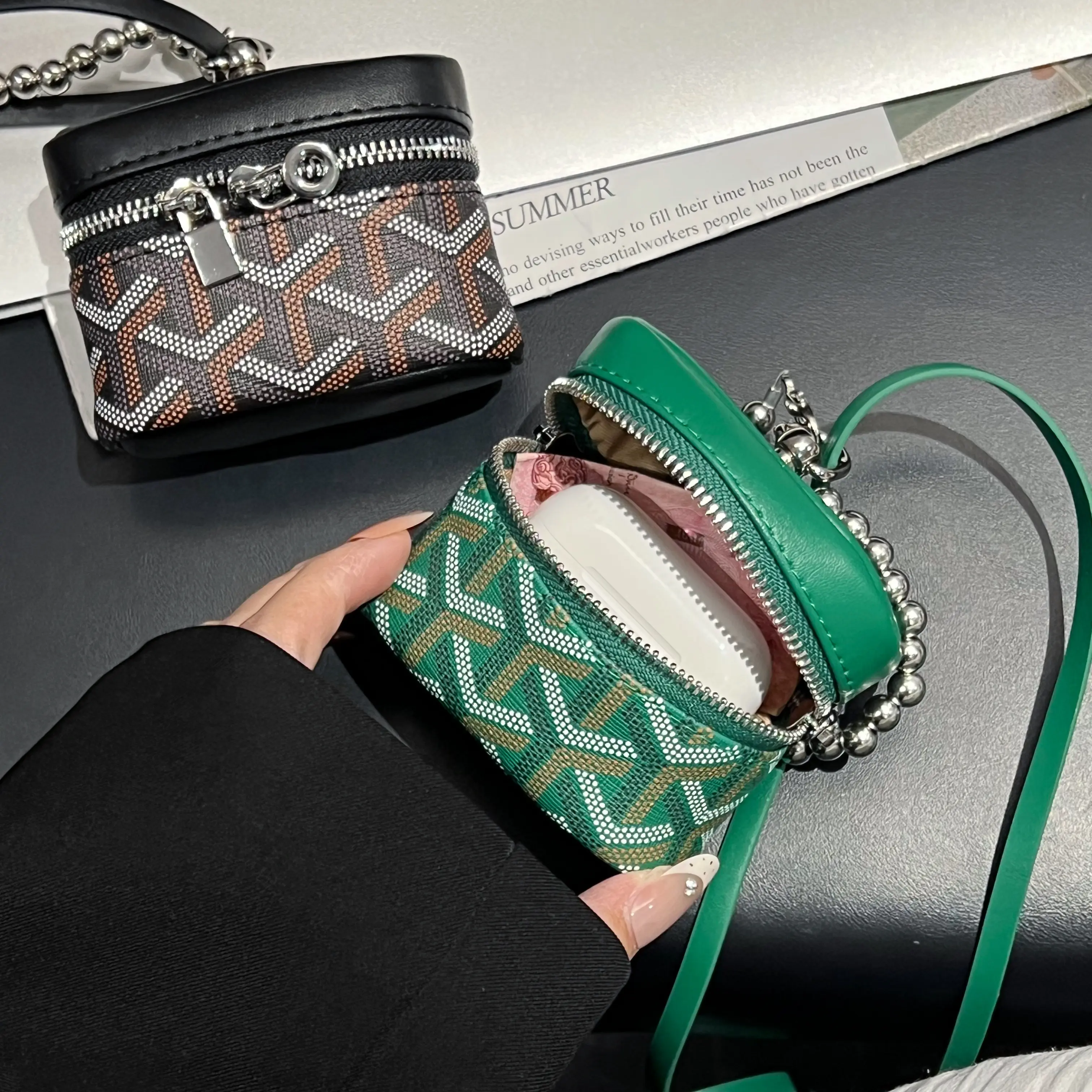 Mini Geometric Pattern Leather Box Bag, Beaded Keychain Bracelet with Lanyard, Earbud Lipstick Coin Storage Crossbody Pouch