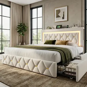 Beige Velvet LED Bed Frame with 4 Drawers & Charging Station, Adjustable Storage Headboard Platform Bed, No Box Spring Required
