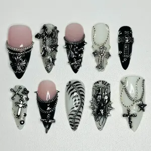 Gothic Chain Centipede Press on Nails 3D Punk Inspired Cross Charm Y2k Style