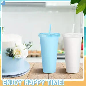 24-Pack 24oz Reusable Leak-Proof Plastic Tumblers (Cups) with Lids & Straws, Minimalist Solid-Color Portable Washable Drink Water Bottles, Large-Capacity Kitchenware for Weddings, Camping
