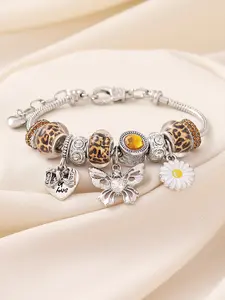 Elegant Adjustable Copper Bracelet with Rhinestone Leopard Print, Daisy, Butterfly Pendants, Perfect Gift for Women, Party, Nightclub, Ballroom Charms Bracelet