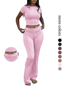 Women's 2-Piece Loungewear Set, Foldover Yoga Flare Leggings & Crop Top, Casual Y2K Style Matching Tracksuit for Daily Wear, Workout Set