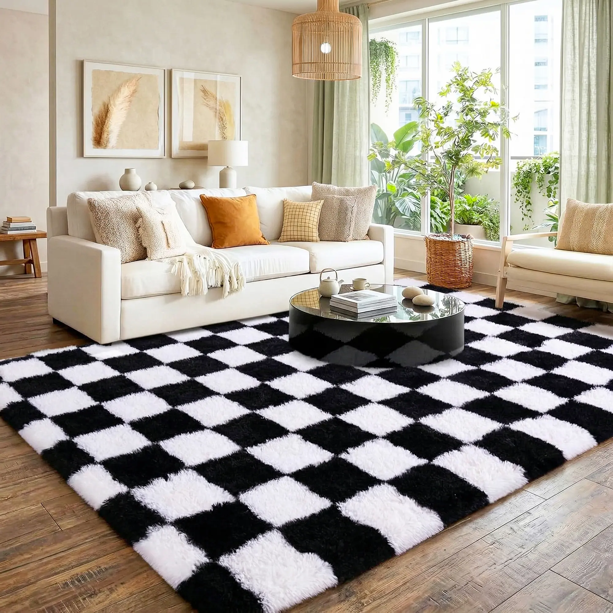 Classic Area Rugs for Living Room, Black and White Checkered Ultra Soft Fluffy Shag Rugs for Bedroom, Non-Slip Fuzzy Plush Rug Indoor Floor Carpet For Room, Dorms, Playroom, Modern Home Decor