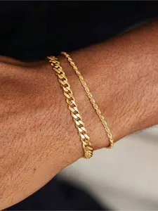 2pcs/Set Stainless Steel Gold Plated Chain Style Bracelets, Minimalist Design for Men, Suitable for Daily, Commute, Festivals, Boyfriend Gift Valentine's Day, Cuban Link Bracelet, Casual Trendy Jewelry