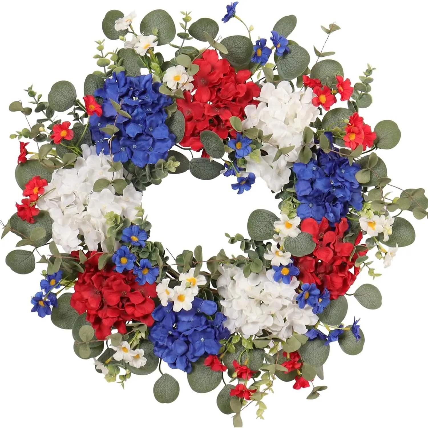 22 Inch Patriotic Hydrangea Wreath for Front Door Decor, UV Resistant Red White and Blue Artificial Floral, Waterproof Summer Porch Display & 4th of July Americana Wreath
