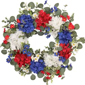 22 Inch Patriotic Hydrangea Wreath for Front Door Decor, UV Resistant Red White and Blue Artificial Floral, Waterproof Summer Porch Display & 4th of July Americana Wreath