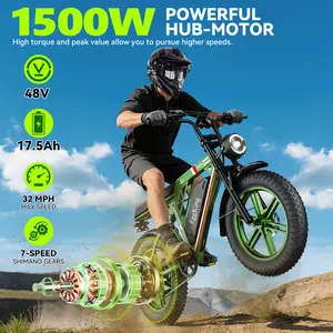 [C200 Electric ebike | Peak Power 1500W| Full Suspension | Top Speed 32 MPH | Range 50-80 Km  | 48V 17.5Ah Removable Battery | 2-Seater Design | LED Headlights | 20-Inch All-Terrain Fat Tires | App-controlled | Blue, Green and Black
