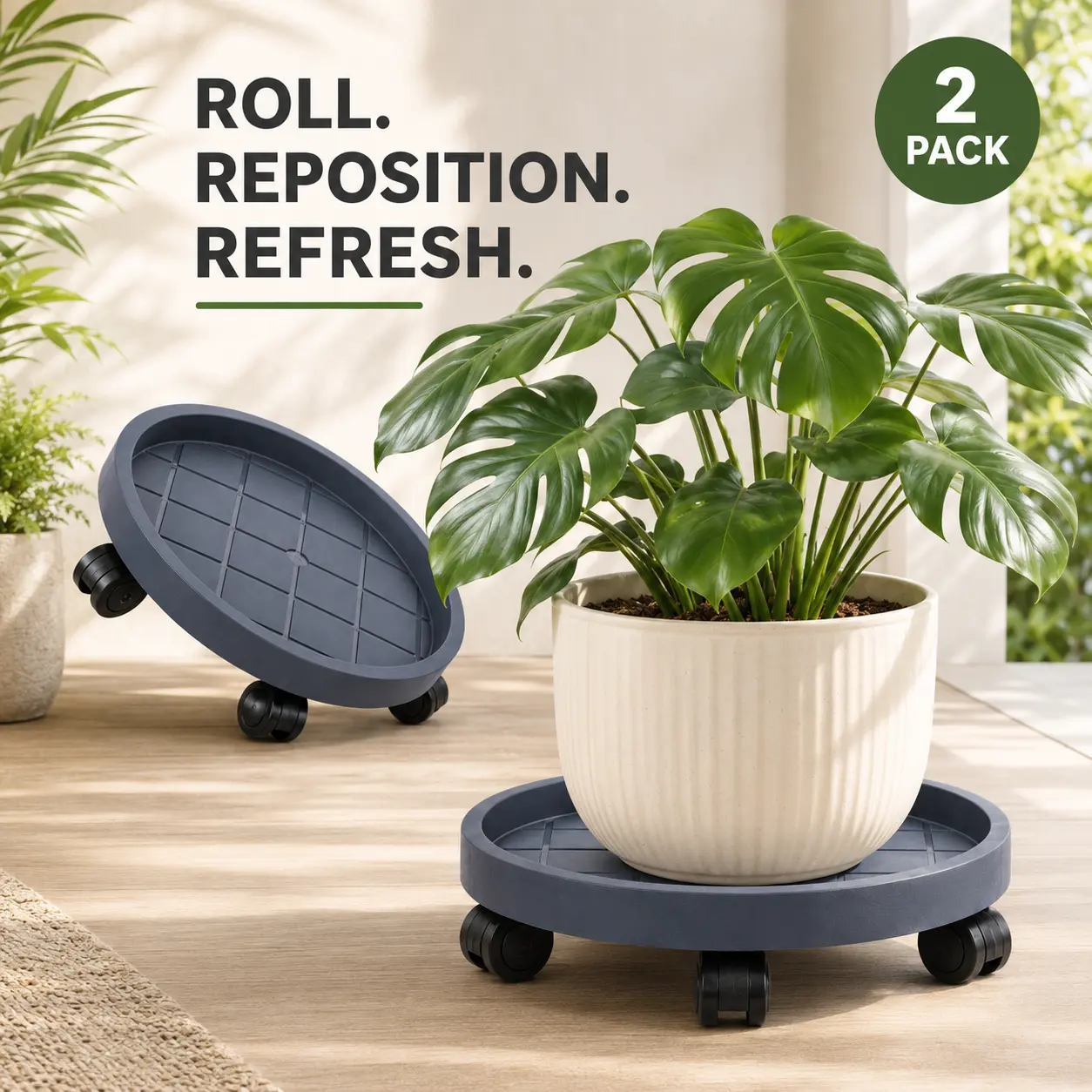 2 Pack Rolling Plant Caddy with Wheels, 13 Inch Round Plant Stand Dolly for Indoor Outdoor Flower Pots, Patio, Garden and Home