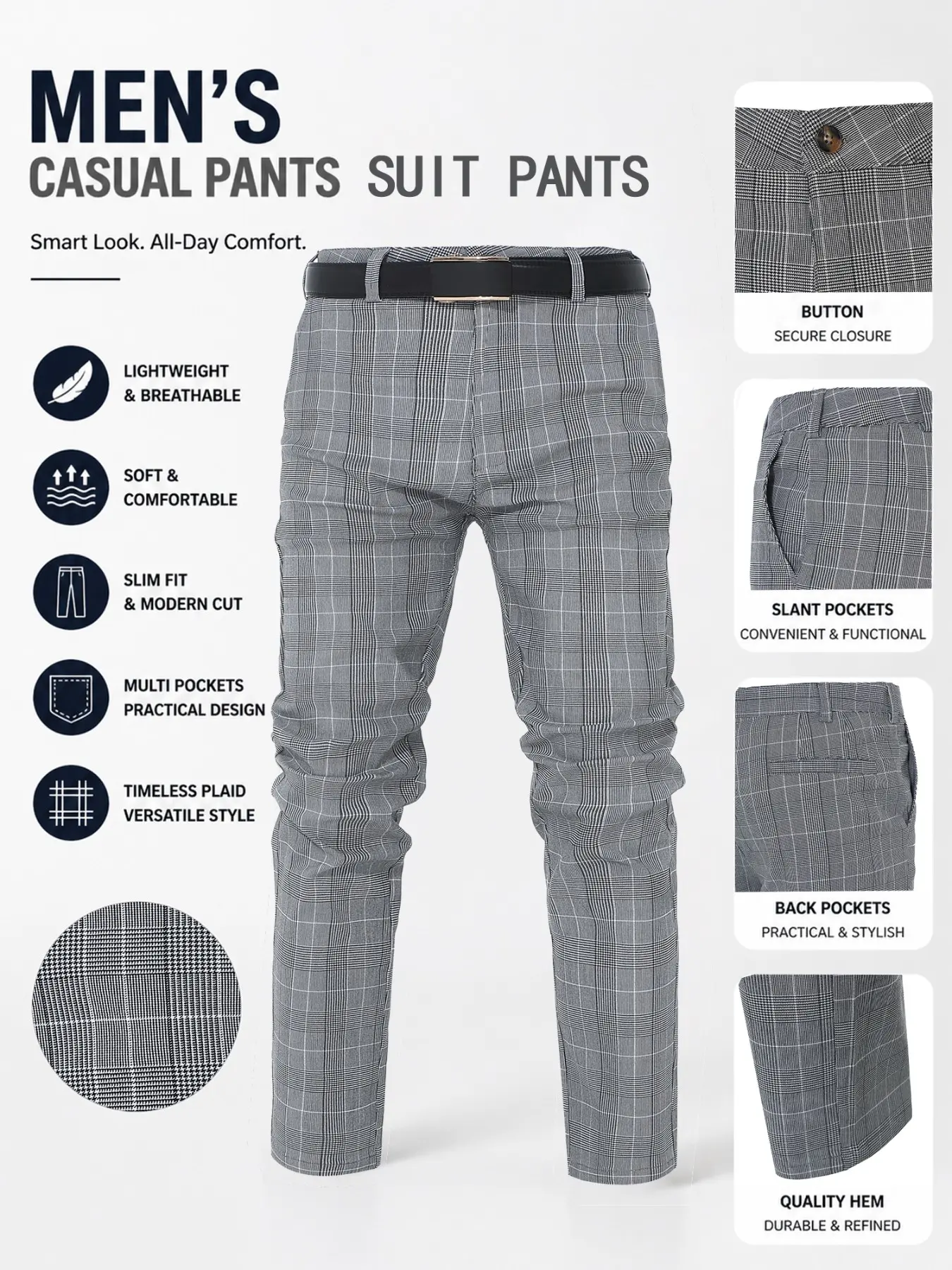 Men's Houndstooth Business Office Casual Pants, All-Season Comfortable Breathable Stretch, Fitted Formal Suit Pants, No Belt or Shoes Included