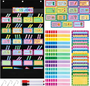 Class Jobs Pocket Chart, 1 Pocket Chart+83 Erasable Cards+3 Metal Hooks+2 Markers, Teachers Helper for Bulletin Board Classroom School Home (19.7 x 37, Black)