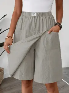 Women's High-Waisted Elastic Waist Pocket Skirt Pants, Loose A-Line Casual Five-Quarter Pants, Ideal for Commute Travel Daily Wear