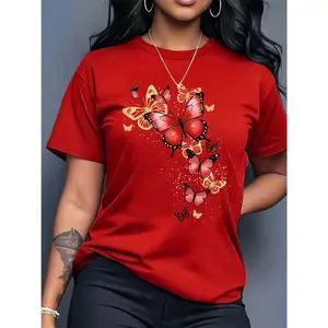 Women's Casual Butterfly Print T-Shirt- Short Sleeve, Round Neck, Soft Polyester, Machine Washable, Comfortable Fit for All Seasons, Casual Wear Top| Fashion Casual Wear| Medium Elasticity
