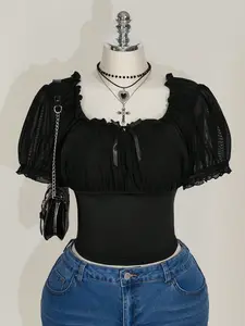 ICON Plus Size Square Neck Ruffle Mesh Puff Sleeve T-Shirt – Cute Summer Vacation Top for Women