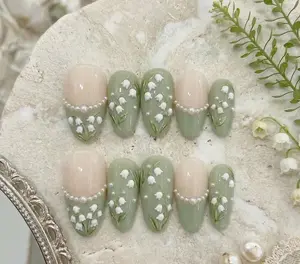 May - Lily of the Valley Press On Nails Sage Green Almond Set, Pearl French Tip Floral Elegant Nail Design for Mom, Grandma's Day Gift Nail Art Kit Nail Box