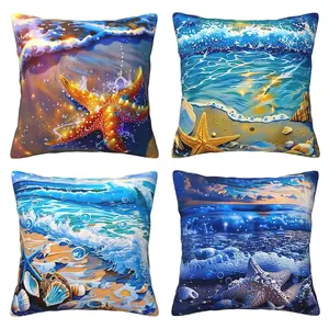 Beach Pillow Set 4-piece, Sea Star Decorative Pillow Set, Blue Ocean Pattern, Natural Landscape Pillow Set, Suitable for Sofa, Home, Outdoor Decoration, 4-piece Set with Double sided Printing