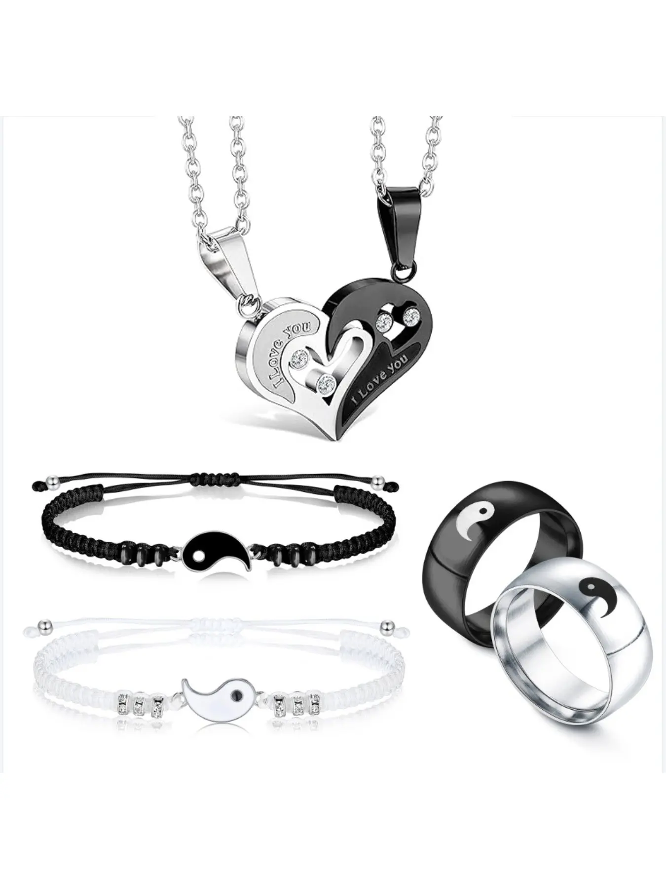 6 Pieces Matching Yin Yang Necklace Bracelets Rings Set Couple Necklace Bracelet Rings for Him and Her Matching Yin Yang Necklace Boyfriend Girlfriend Friendship Valentine's Day Jewelry Gift Jewellery Gift Set