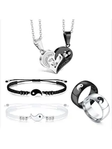 6 Pieces Matching Yin Yang Necklace Bracelets Rings Set Couple Necklace Bracelet Rings for Him and Her Matching Yin Yang Necklace Boyfriend Girlfriend Friendship Valentine's Day Jewelry Gift Jewellery Gift Set