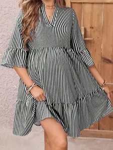 Maternity Shirt Dress - Short Sleeve Stand Collar Striped Dress for Women