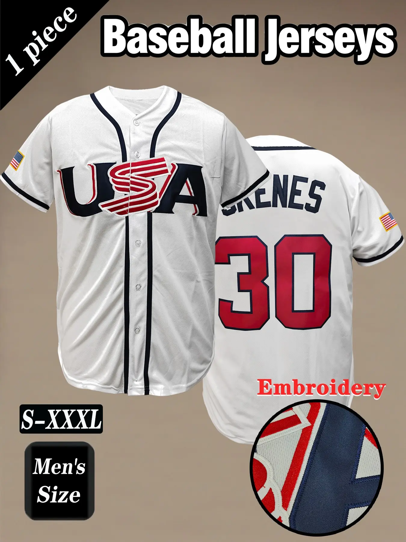 Men's Classic #30 White Baseball Jersey, “USA” Embroidery Design, Casual Loose-Fitting Short Sleeve, Breathable Sports Top for All Seasons, Jersey Shirts