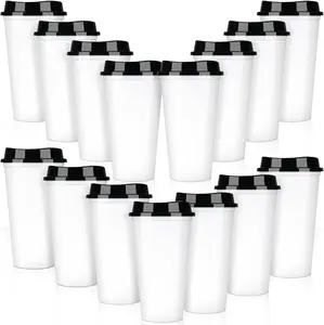 15 Pack  Coffee Cups with  16 oz Disposable Travel Cups Bulk Plastic to Go Coffee Tumblers for DIY Hot Cold Drink Party Favors Coworker, Microwaveable (White with Black Lid)