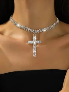 Rhinestone Decorated Cross Pendant Necklace, Fashion Jewelry for Party, Daily Clothing Decor, Trendy All-match & Exquisite Jewelry for Birthday Gift