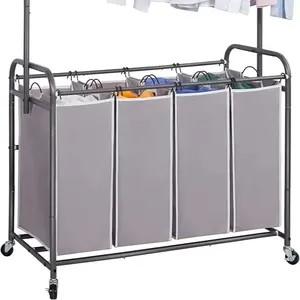 STORAGE MANIAC Laundry Sorter with Hanging Bar, Portable, Removable Laundry Hamper Cart with Heavy Duty Rolling Lockable Wheels and Removable Bags, Rolling Laundry Basket Organizer 181L, 4 Section