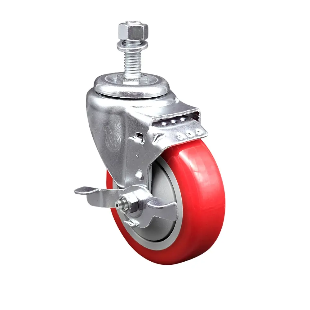 Service Caster SCC-TS20S414-PPUB-RED-TLB-121315 Heavy-Duty Threaded Stem Caster, 4x1.25 in. Red Swivel Wheels, 0.5 in. Stem, Top-Locking Brake