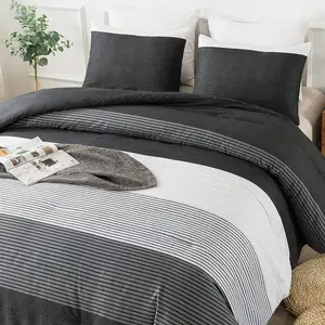 Full Size Comforter Set,3 Pieces Black White Gray Patchwork Striped Comforter(79x90 Inch), Soft Down Alternative Full Comforter Bedding Sets with Corner Loops