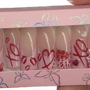 Valentines Day Custom Press Ons with Heart Design and Bow Accents for Festive Nail Art