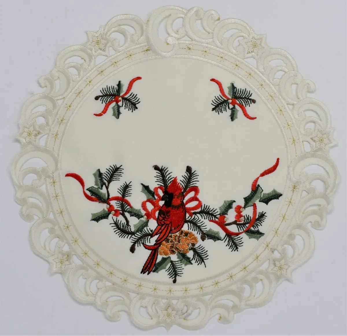 Sinobrite H9148-024 24 in. 1-Piece Fabric Textile Doily, Cardinal Motif with Pine Cones on Branches, for Home Kitchen Table Decor, One-Piece