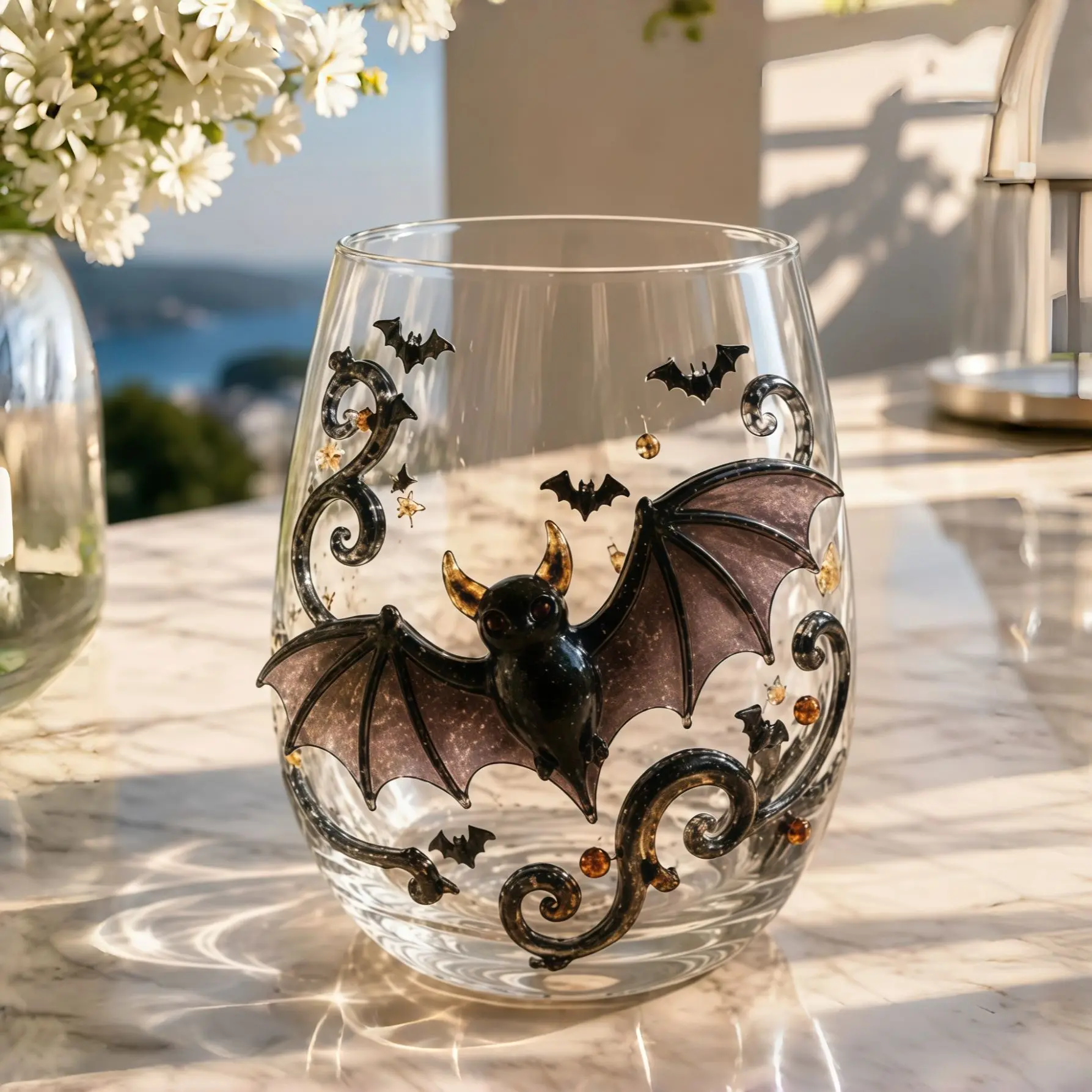 Spooky Stylish Halloween Bat Design Glass Tumbler, Kitchenware Drinkware with Intricate Scrollwork, Crystal Accents for Festive Decor