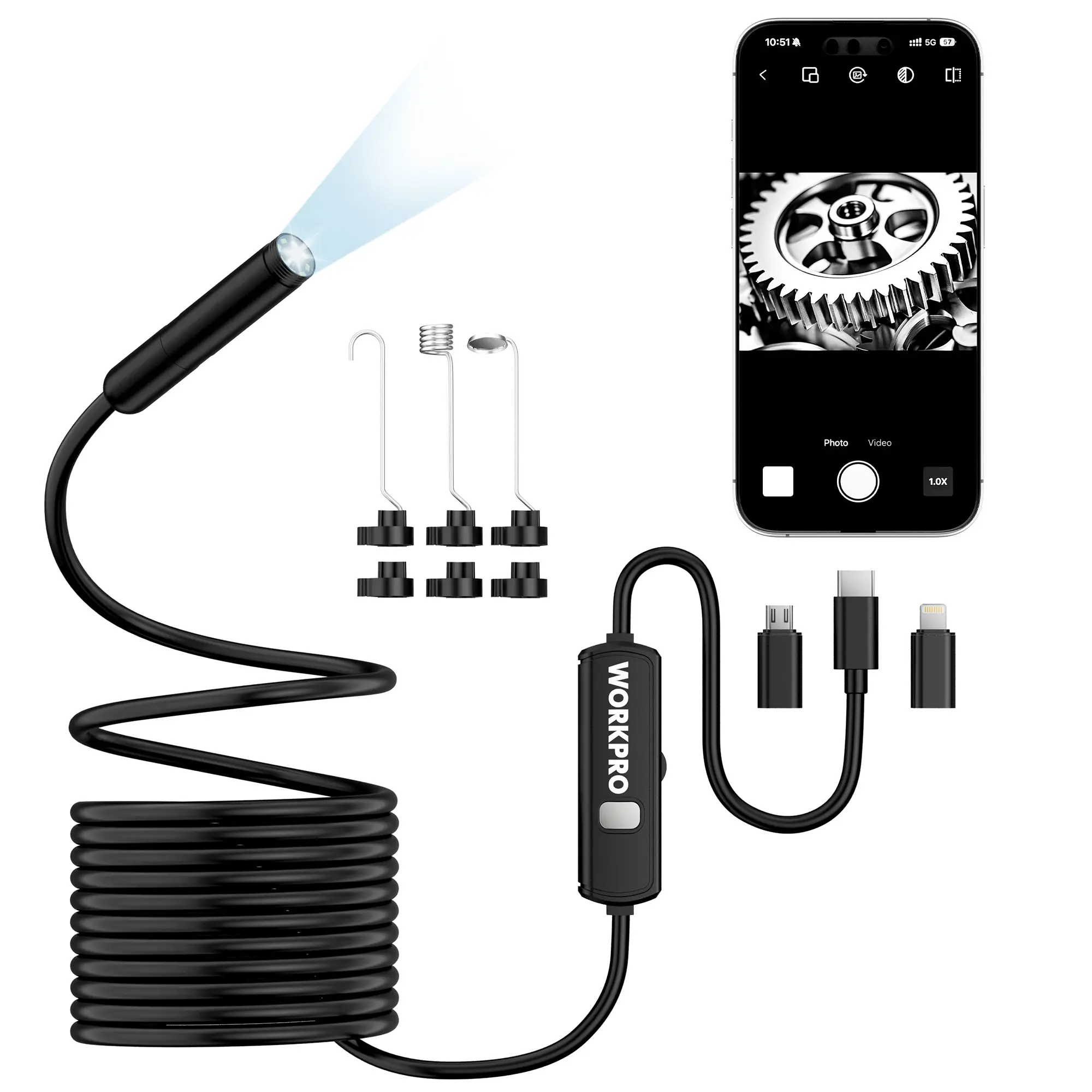 WORKPRO 1920P HD Endoscope Camera with Light, 16.4FT Semi-Rigid Borescope, IP67 Waterproof Snake Camera, 8 Adjustable LEDs