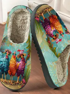 Cute Rooster Cotton Bedroom Slippers, Retro Style, Fuzzy Lining, Non-Slip Thick Sole, Home Casual Warm Shoes for Fall & Winter