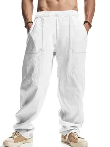 Men's Cotton Linen Pants, Breathable Sweat-Absorbing Pure Color Plain Long Pants, Casual Wide Leg Trousers, Large Size Available, Pocket