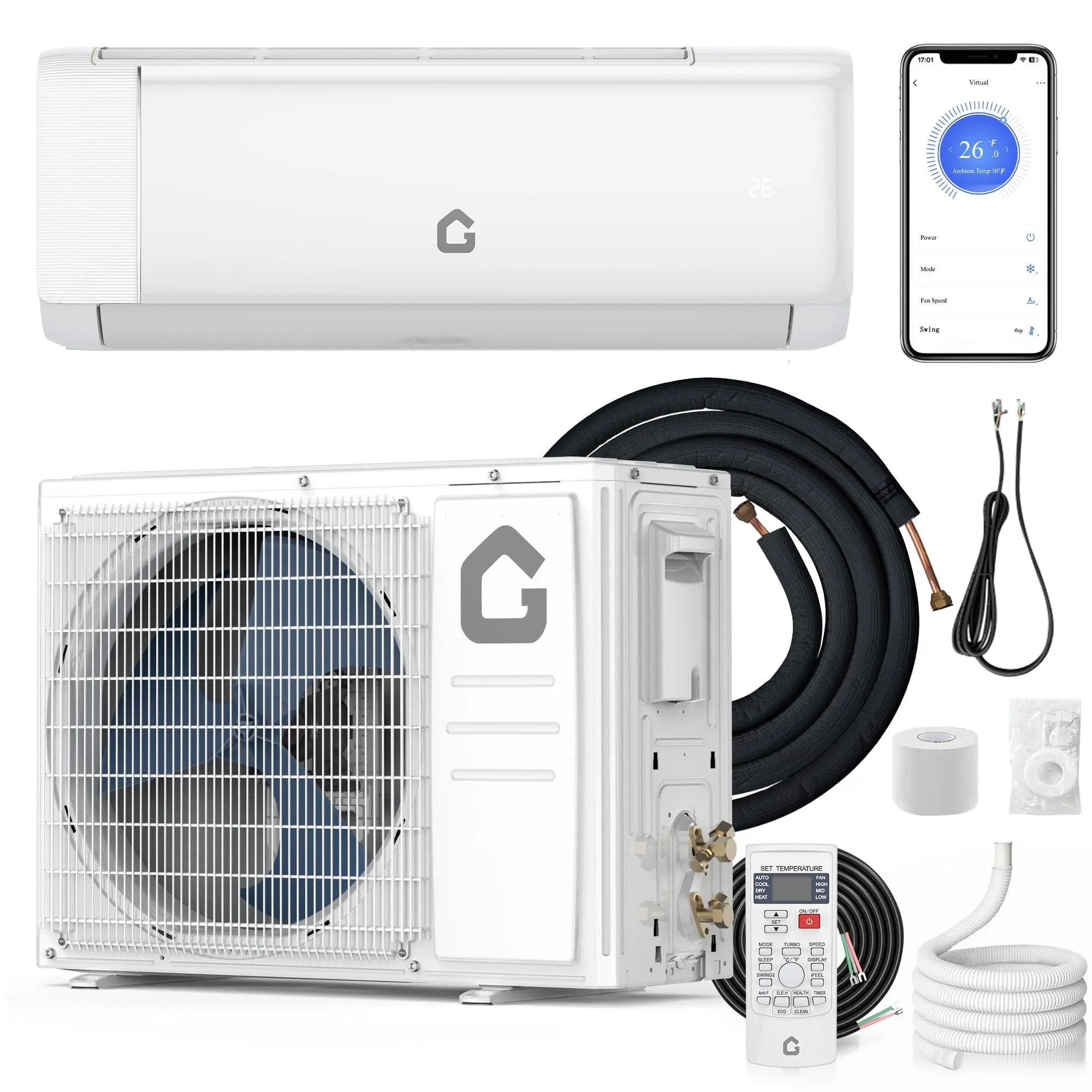 Garvee 9000 BTU 115V WiFi Control Ductless Inverter Mini Split Aircon Unit with Heat Pump, 19 SEER2 Split System, Cools Up to 450 Sq Ft, Quiet Operation, Included Installation Kit