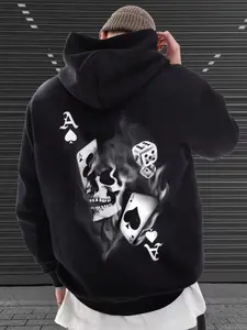 Men's Loose Fit Hoodie Sweatshirt, Skull Poker Pattern Streetwear, Casual Fall & Winter Fashion, New Arrival