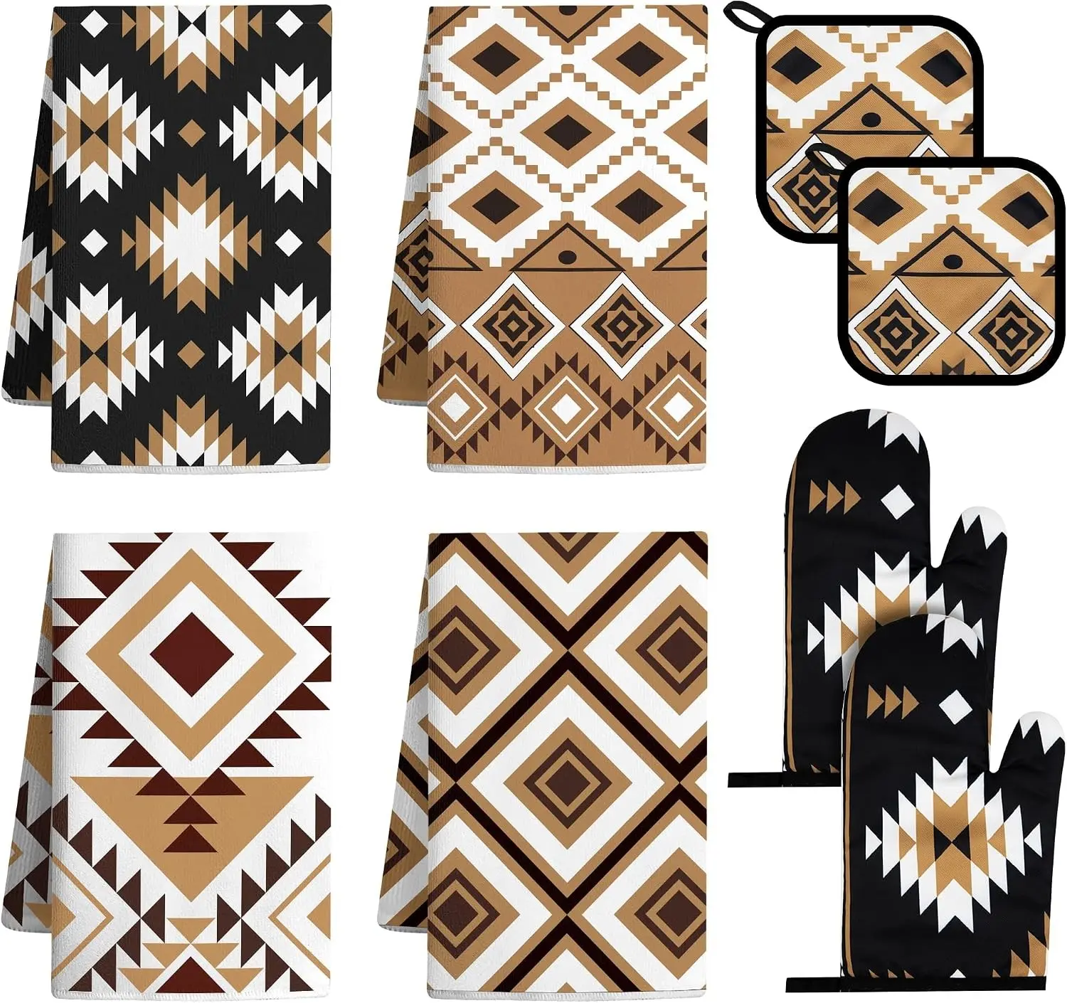 8 Pcs Western Aztec Farmhouse Kitchen Decor Set 4 Dish Towels 2 Pot Holders 2 Oven Mitts for Home Baking Cooking, Brown