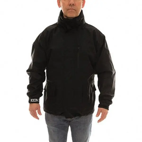 Tingley Men's Plain L Size Black General Purpose Long Sleeve Work Safety Coat Tops, 7 Pockets, 44-46" Chest, 0.3mm Polyurethane on 300 Denier Woven Polyester, Roll-A-Way Hood, Zipper Fly Front, Stitched & Taped Seams, Elastic Wrists J24113.LG, Menswear