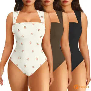 OQQfitness Women's 3-Piece Printed Bodysuit Set Ribbed Square Neck Sleeveless Stretchy Top Nylon Spandex Casual Chic Elegant Comfortable Vacation Style All Seasons
