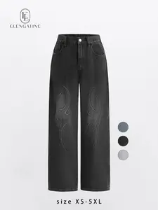 Elengatine Embossed Flame Pattern Denim Jeans for Women Light Wash Loose Wide Leg Silhouette Elastic Waistband Y2K Streetwear Inspired Soft Viscose Cotton Blend Casual Outfits Stand Out Fashion Piece