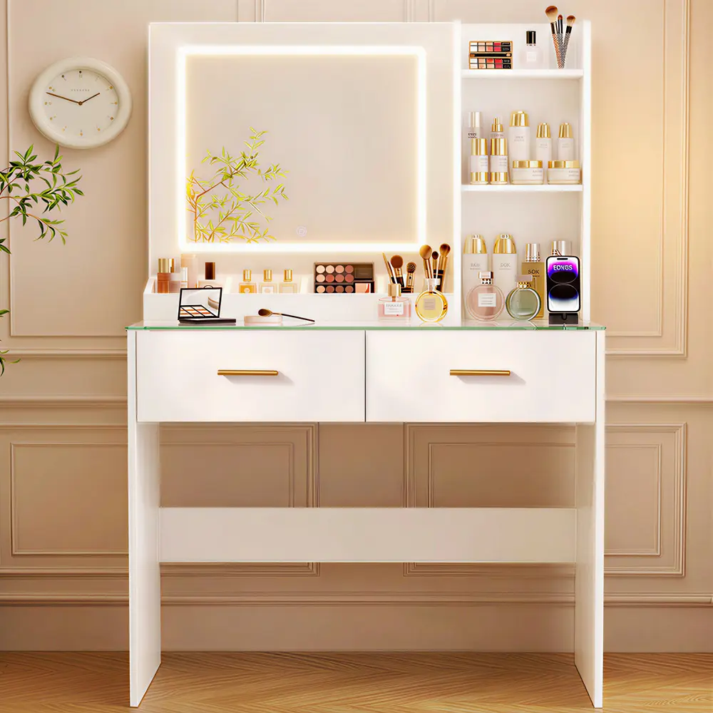 King Oasis White Rectangular Modern Glam Makeup Vanity Desk - LED-Accented Illuminated, 3-Color Adjustable Brightness, Tempered Glass Top, RGB Light Strip, Charging Station, 2-Drawer Storage