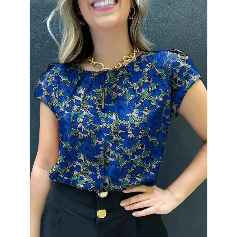 Women's Floral Print Blouse, Casual Middle Eastern-Inspired Short Sleeve Round Neck Top, Woven Polyester for Everyday Spring Summer Wear