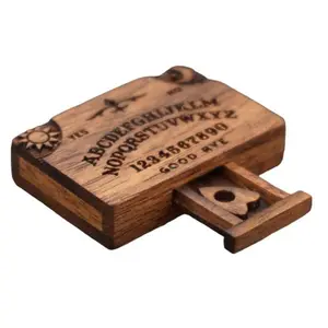 Wooden Mini Spirit Board with Storage Drawer, Gothic Letters and Numbers, Sunburst Design, Decorative Ouija-Style Home Ornament